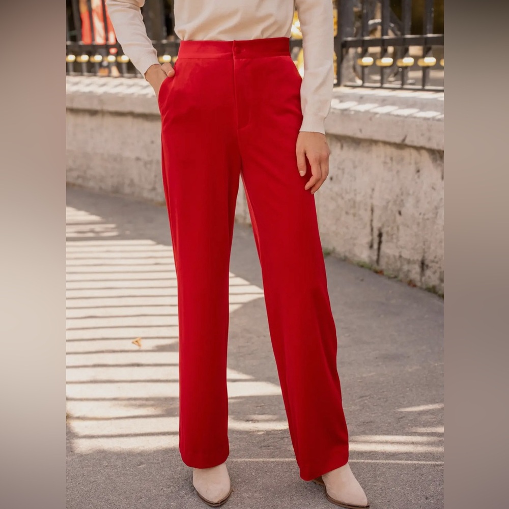 Red Velvet Straight Leg High Rise Pants
